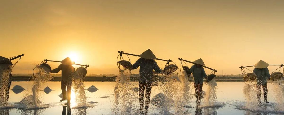 Salt farmers carrying baskets across the salt flats at sunset